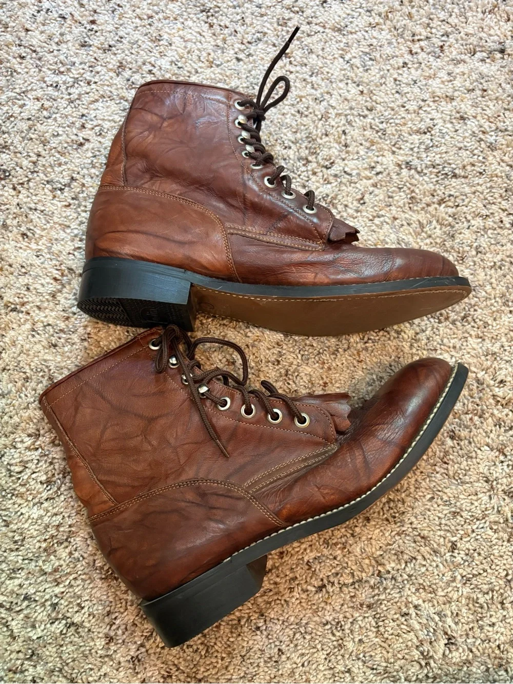 Justin Boots Chestnut Brown Leather Kids Lace-Up Ankle Boots Youth 4 1/2 NWOT